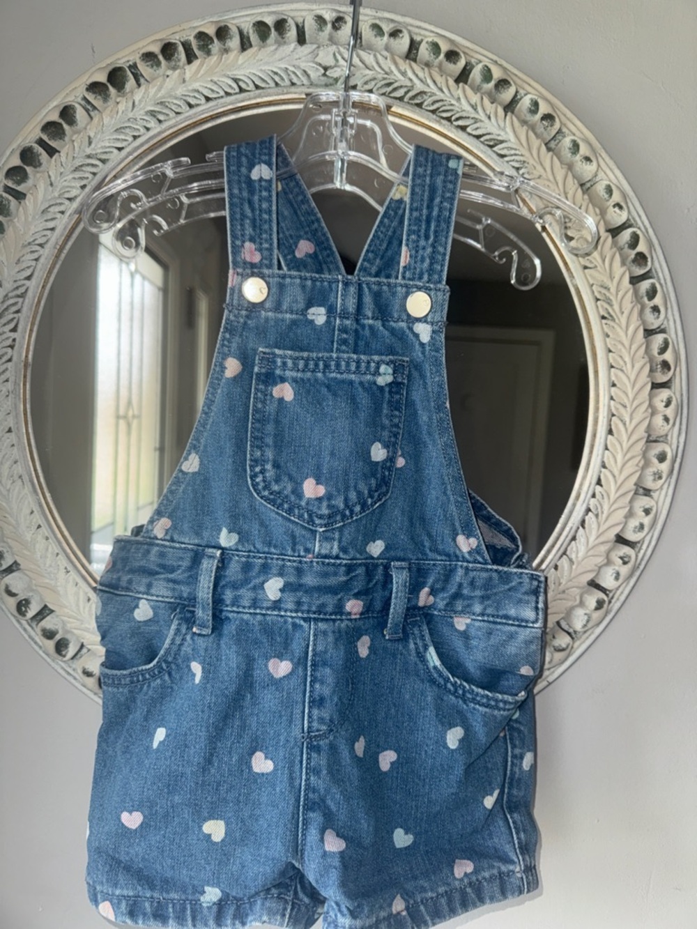 Kids Heart Print Denim Short Overalls - Blue